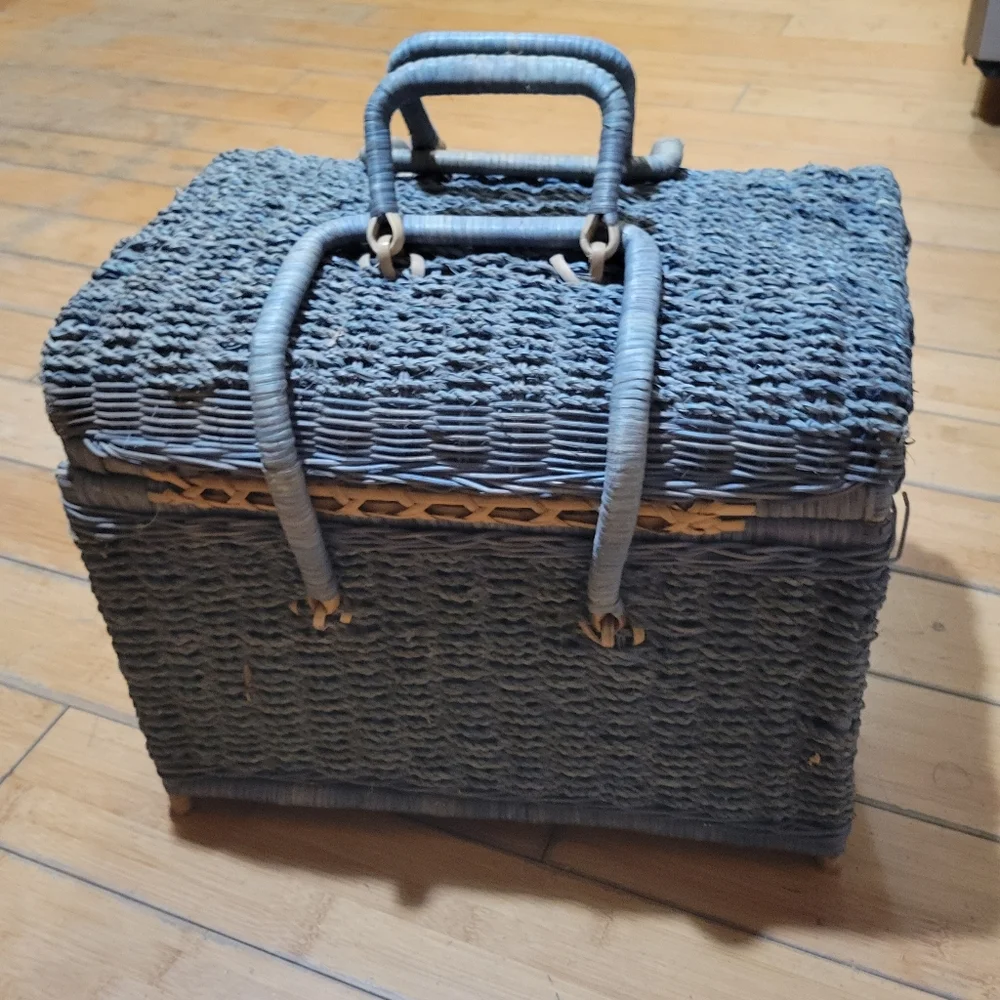 Large Vintage Fabric Lined Sun Bleached Teal Color Picnic Basket